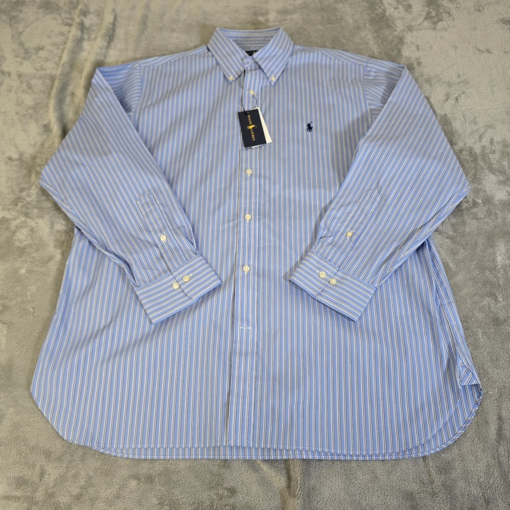 Ralph Lauren Shirt Mens 17.5 Blue Button Down Classic Fit Striped Long Sleeve